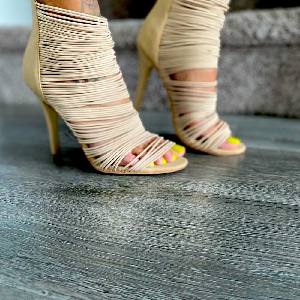 Beige/tan strap heels with 4 inch heel height